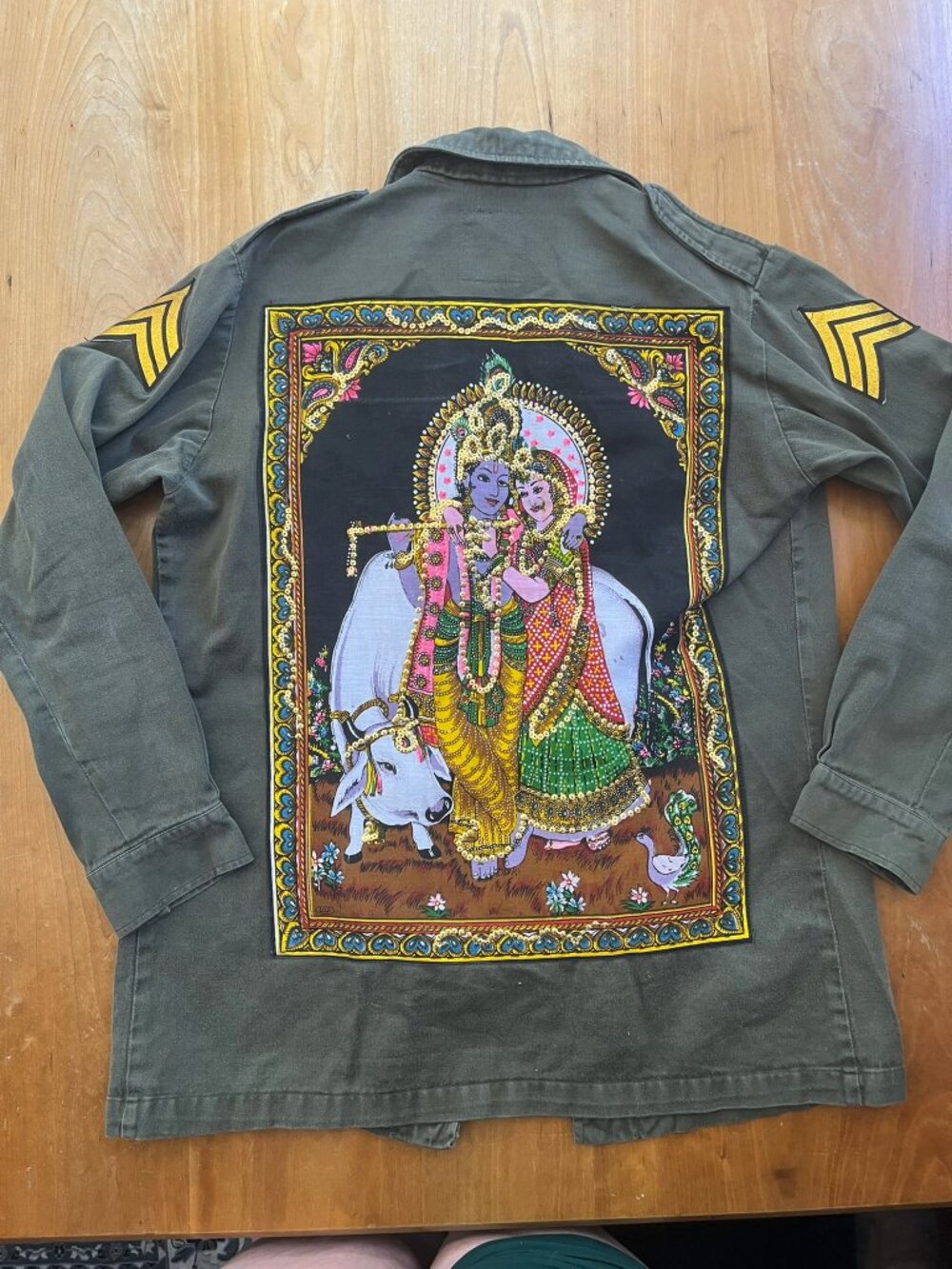 Vintage Dutch Army Jacket Decorated with Radha and Krishna